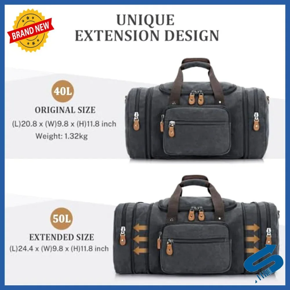 Canvas Travel Duffel Bag Expandable 50L Carry On Weekender Overnight Bag